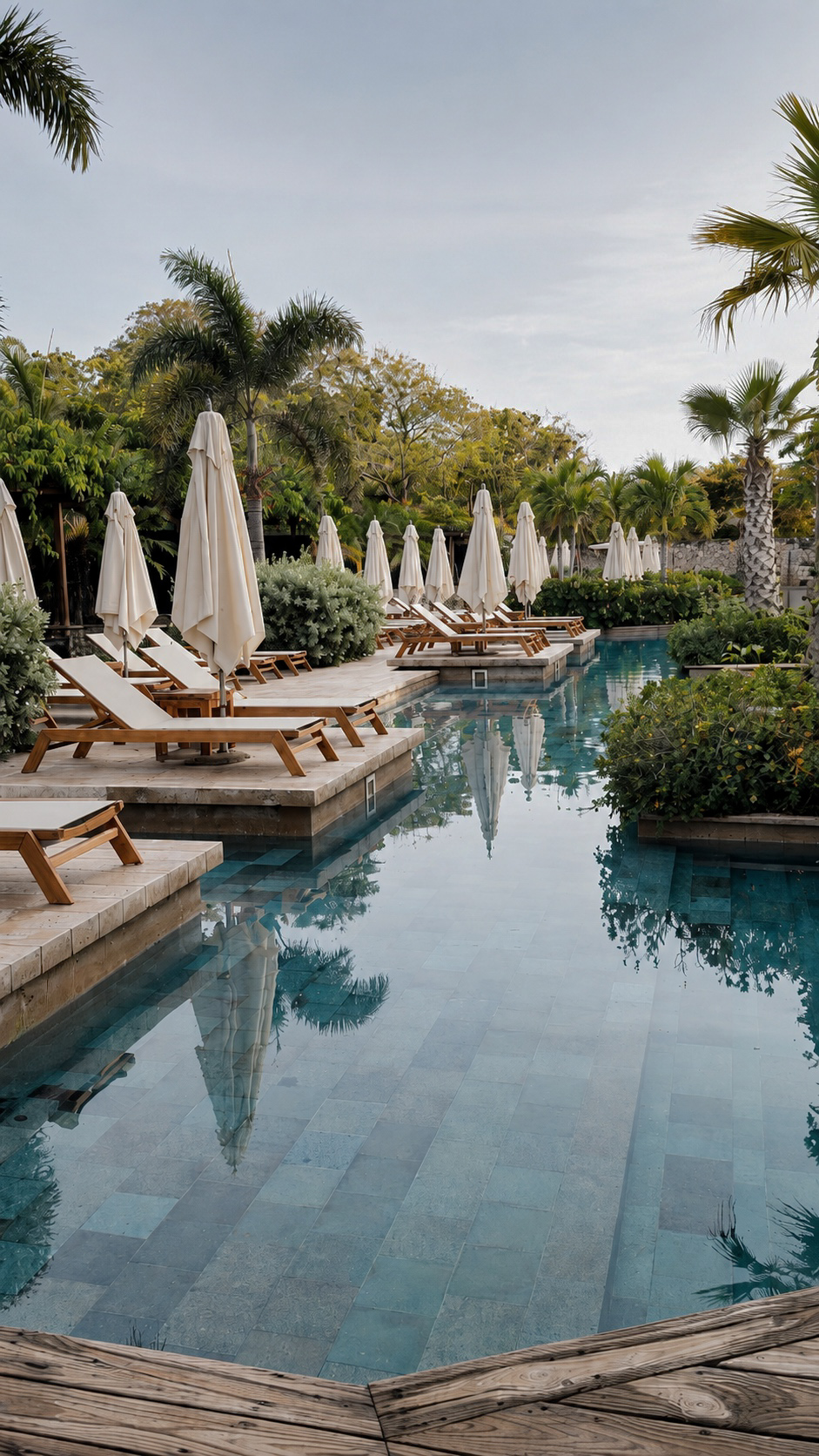 Tropical pool lined with loungers and parasols
