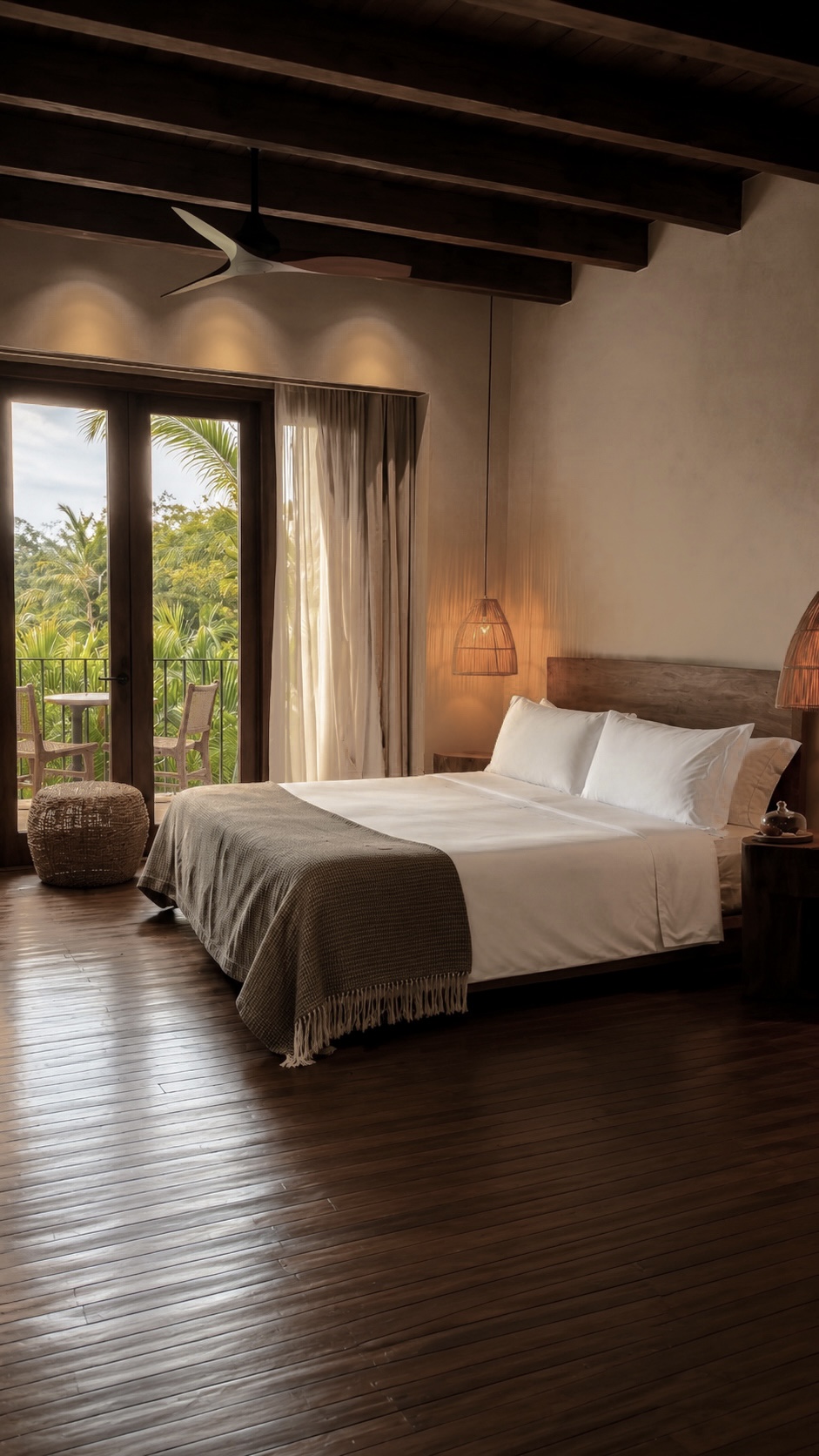 Warm natural bedroom opening onto tropical greenery