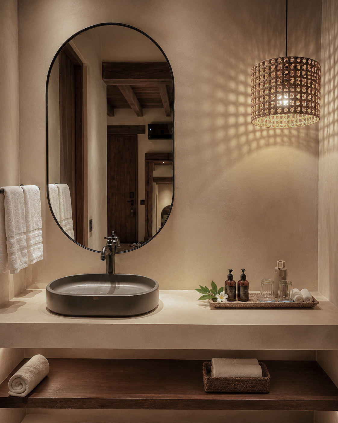 Bathroom mirror and woven pendant light