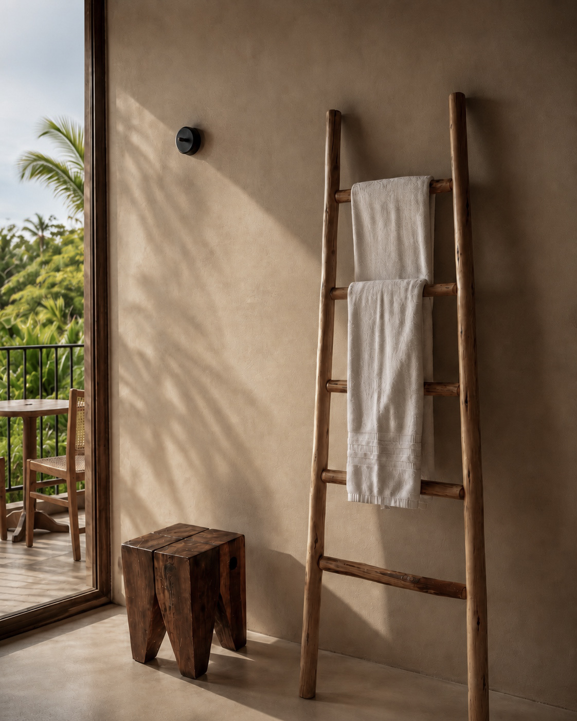 Towels displayed on a wooden ladder